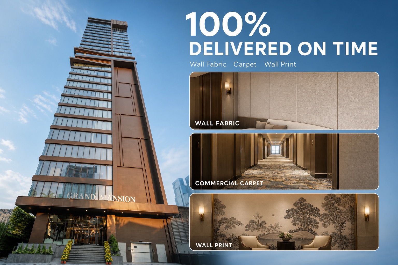 Grand Mansion tower with the wall fabric, carpet and wall print finishes Material Supply Pro delivered, 100% on time