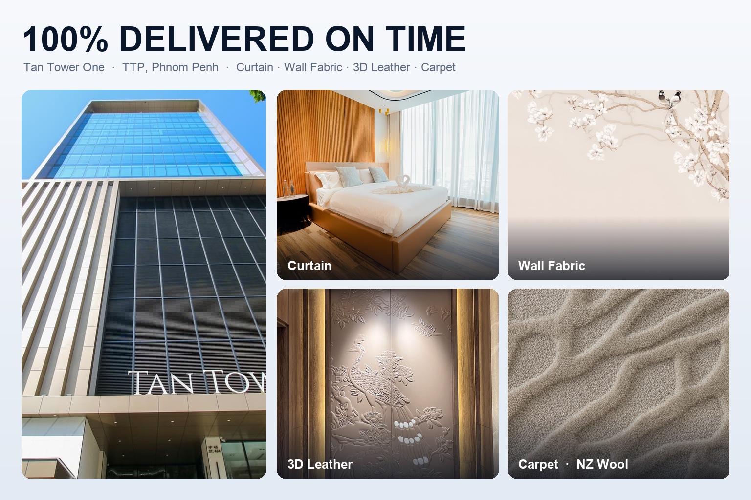 Tan Tower One with the curtain, wall fabric, 3D leather and carpet finishes Material Supply Pro delivered, 100% on time